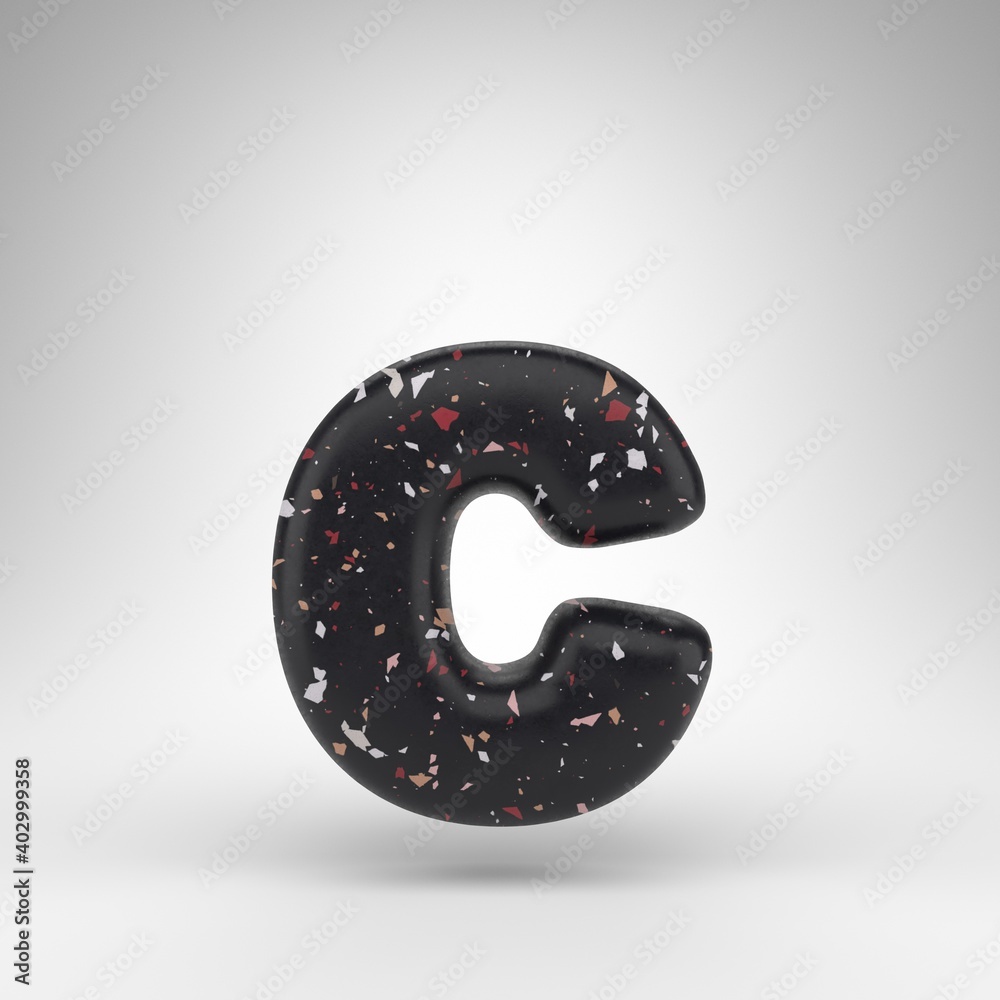 Letter C lowercase on white background. 3D letter with black terrazzo pattern texture.