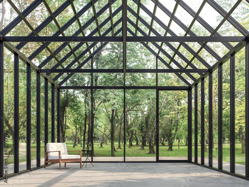 Transparent house empty room inside with nature view 3d render, polished concrete floor, glass walls and roof, looking out to see nature, sunlight into room.