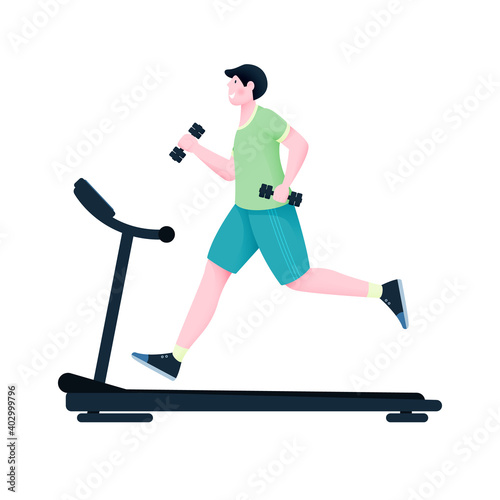 A man runs on a treadmill holding dumbbells for training. Vector illustration.