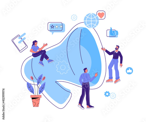 Outbound marketing banner concept with tiny cartoon people standing next to megaphone. Online advertising and business promotion, flat cartoon vector illustration isolated on white.