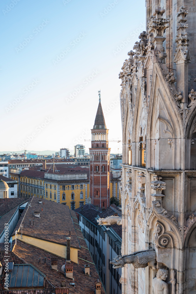 View of Milan historical buildings from the roof of Milan's Cathedral