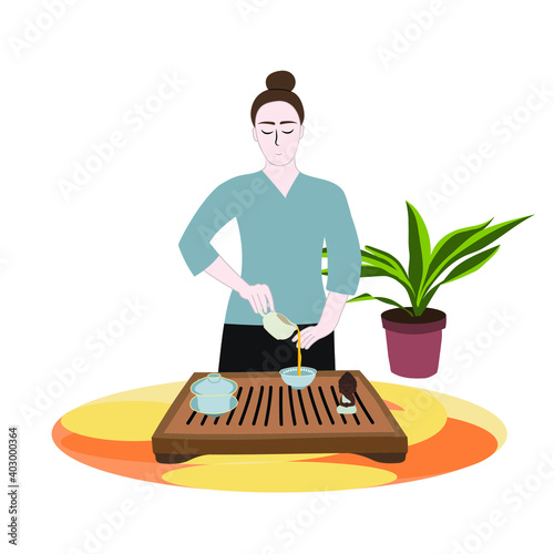 Girl holds a tea ceremony staying at home. Hand-drawn vector flat illustration isolated on white background. 