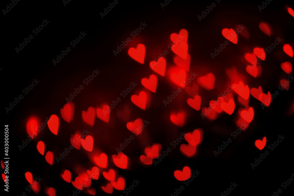 Abstract holiday background for valentines day with hearts, festive overlay with blurred lights