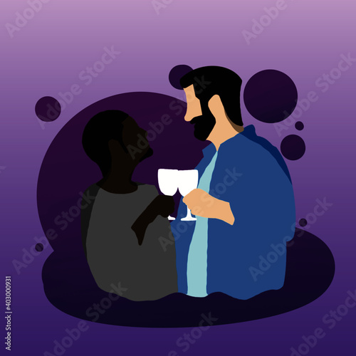 Two gay clink glasses and drank wine in LGBTQ concept on purple background. Vector illustration in flat cartoon style.