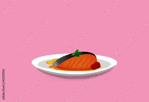 Salmon meat cubes in flat style in the dish on pink background.