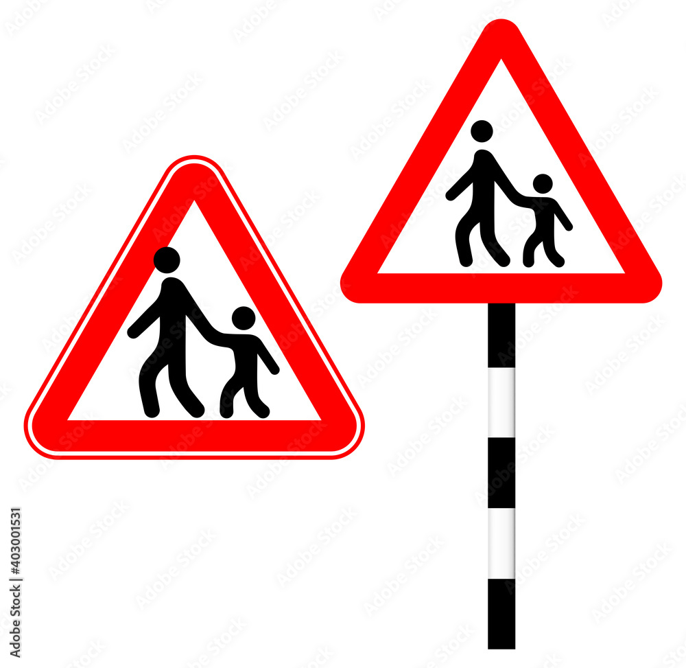 Beware of a pedestrian with a child. Silhouette logo sign illustration. Humor. Road sign in red triangle Beware of a pedestrian with a child. Silhouette logo sign illustration. Humor. Road sign in red triangle