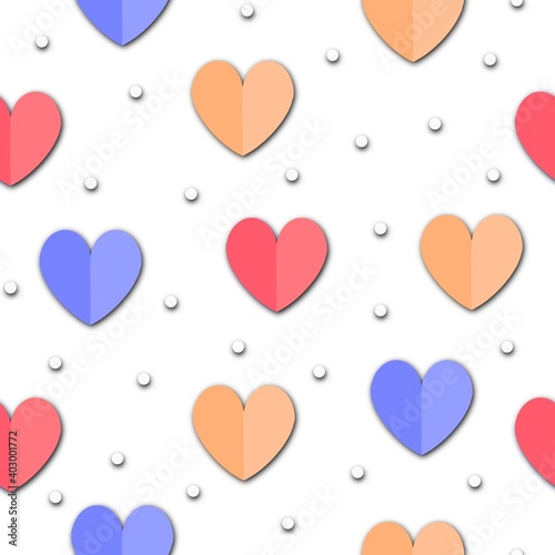 Paper hearts seamless background. Repeating pattern with paper cut style folded heart shapes and dots. Red and pink purple orange color Love icon symbols for Valentines day, wrapping, wedding. 