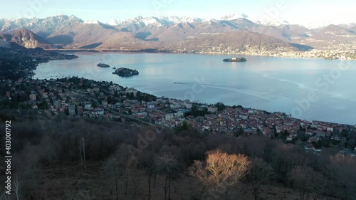 Tilt up reveal shot of Borromeo gulf on Lake Maggiore, Piedmont, Italy