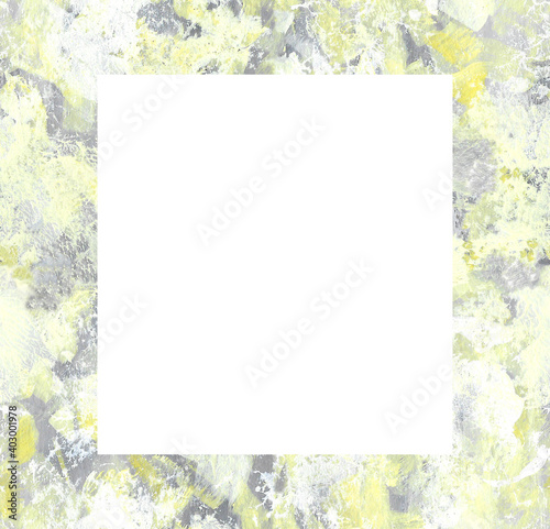 Yellow and grey abstract hand drawn frame. Brush strokes square shape photo frame. Rough surface painting. Color spots design element.