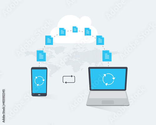 Technology infographic template with a laptop and a smartphone transferring documents through the cloud service. Modern flat illustration.