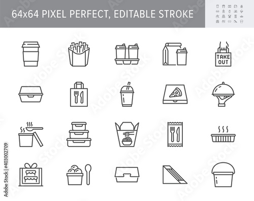 Take away food service line icons. Vector illustration with icon - box, pizza, takeout package, sandwich and soup container outline pictogram for takeaway meal. 64x64 Pixel Perfect Editable Stroke