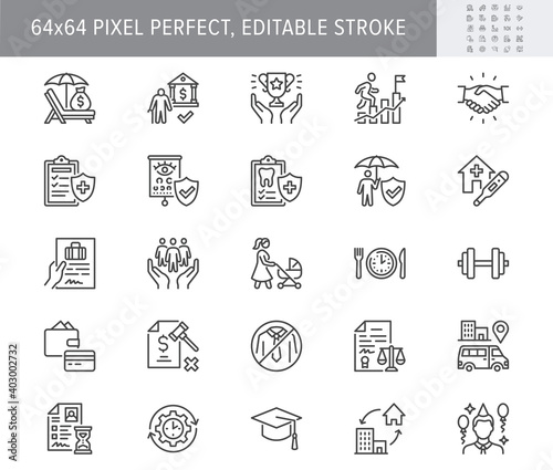 Employee benefits line icons. Vector illustration with icon - hr, perks, organization, maternity rest, sick leave outline pictogram for personal management. 64x64 Pixel Perfect Editable Stroke photo