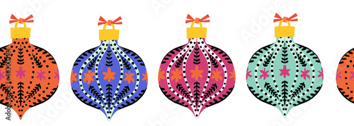 Christmas ornaments seamless border. Hand drawn Christmas baubles repeating holiday pattern illustration. Scandinavian style. Use for fabric trim, ribbon, greeting card decor
