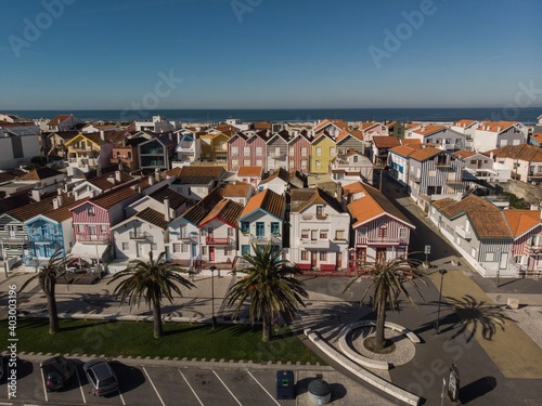 Aerial panorama of atlantic coastal beach town village seaside Praia da Costa Nova do Prado Aveiro Ilhavo Portugal