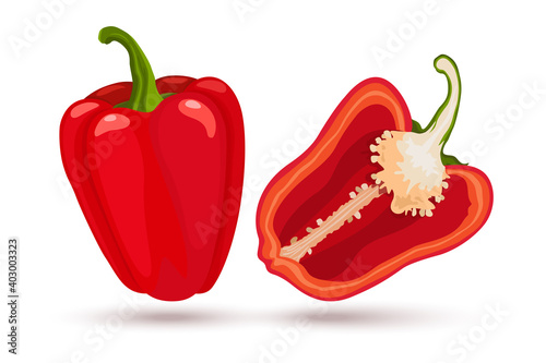 Vegetables. Red bell pepper, whole fruit and half. Vector illustration cartoon flat icon isolated on white.