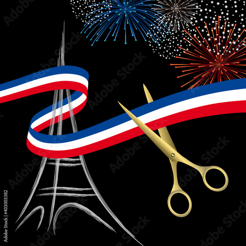 Inauguration festive à Paris en France avec la coupe d’un ruban bleu, blanc, rouge avec des ciseaux or.
