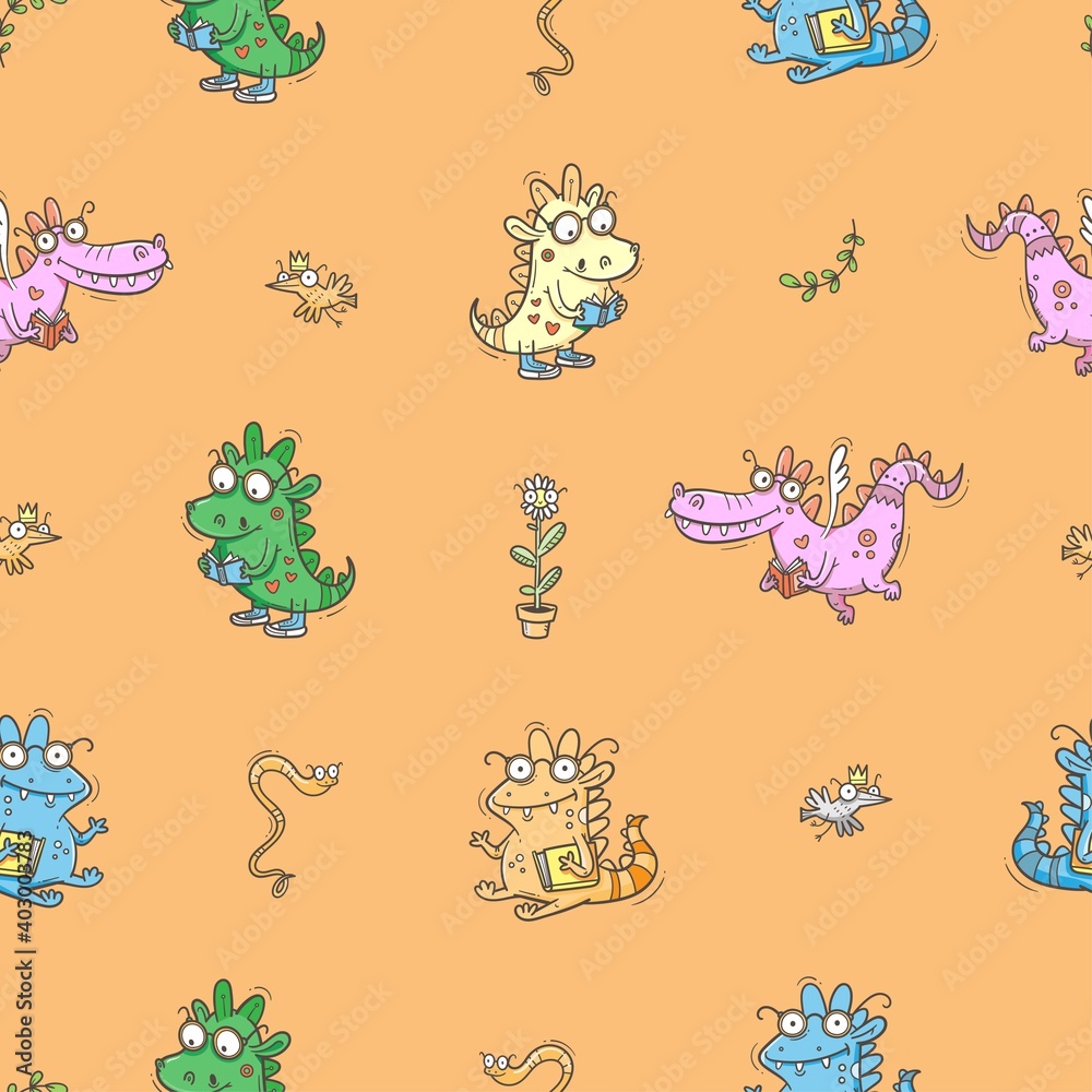 Seamless pattern with  cute smart dragons on orange background. Funny crocodiles wallpaper. Reading reptile poster. Vector doodle line art. Illustration for children. Books and studying print.