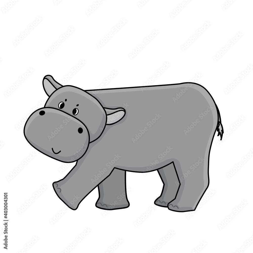 Cute cartoon gray hippo goes to somewhere