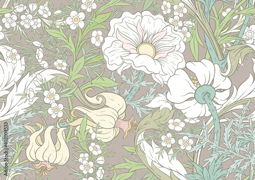 Floral Seamless pattern, background with In art nouveau style, vintage, old, retro style. Colored and outline design. Vector illustration.