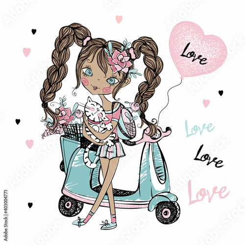 A cute teenage girl with a cat in her arms stands near her scooter with balloons hearts. Valentine's card. Vector