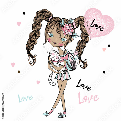 Cute fashionista teenage girl with her kitten and a balloon in the shape of a heart. Valentine card. Vector