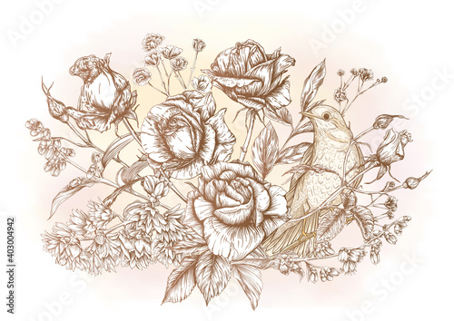 Tableau sur toile Roses and nightingale