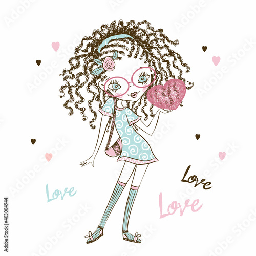 Cute fashionista teen girl with pigtails with a heart in her hands. Valentine card. Vector.