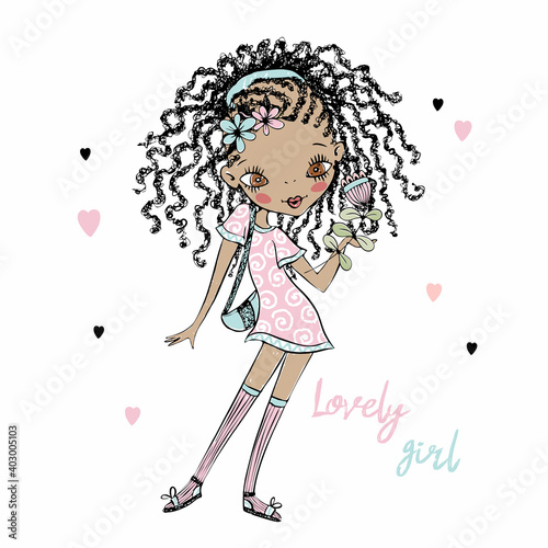 Cute fashionista dark-skinned teen girl with pigtails . Vector