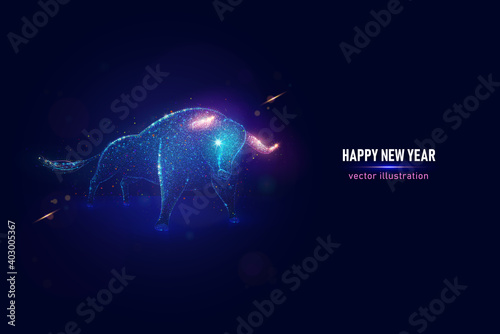 2021 Year of the Ox vector illustration made of neon particles. New 2021 year of the bull art in modern abstract style consists of colorful dots