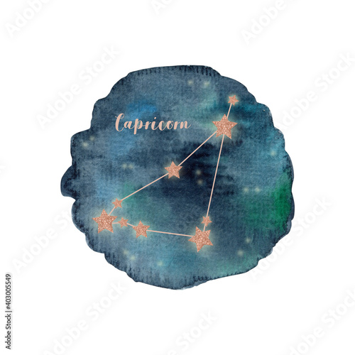 Watercolor constellation Capricorn on blue watercolor spot isolated on white background.