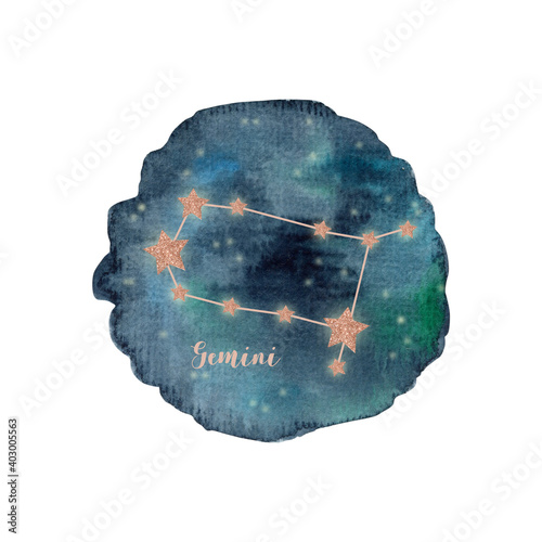 Gemini watercolor constellation on blue watercolor blot isolated on white background.