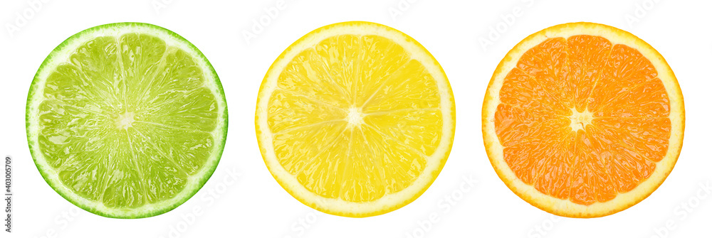 Collection lime,lemon and orange slices isolated on white background,Citrus fruit, juicy