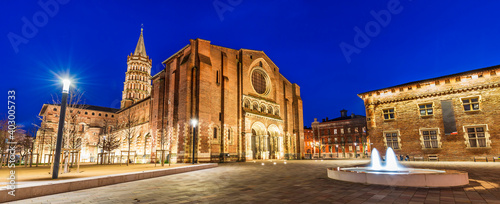 The Basilica of Saint Sernin illuminated at night, in Toulouse in Occitanie, France