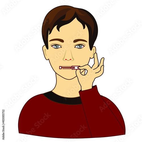 man keeps his mouth shut by closing the zipper with his hand, funny cartoon character with simplistic facial expression, emoticon vector illustration