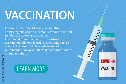 A banner with a pattern of vaccination.Vector background of vaccination against Covid-19. Vials of the Covid19 coronavirus vaccine and injection tools syringes for immunization