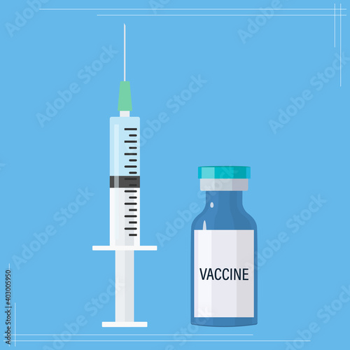 Vector medical icon for pandemic vaccine vial and syringe. Image of covid-19 vaccine and syringe. Illustration of an antiviral vaccine on a blue background.Flat vector illustrations