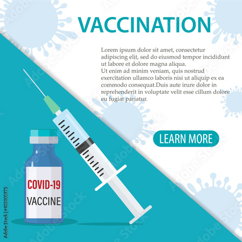 A banner with a pattern of vaccination.Vector background of vaccination against Covid-19. Vials of the Covid19 coronavirus vaccine and injection tools syringes for immunization
