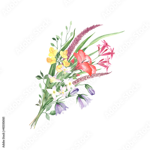 Bouquet of wildflowers, colorful watercolor illustration isolated on white background for invitation or greeting card, cute flowers for birthday or wedding. Hand drawn floral poster.