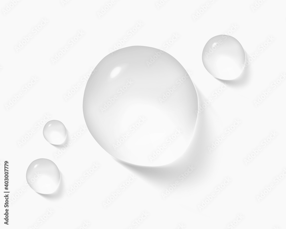Realistic transparent water drops. Pure cosmetic product sample vector illustration. Moisturizer skincare serum isolated on white - obrazy, fototapety, plakaty 