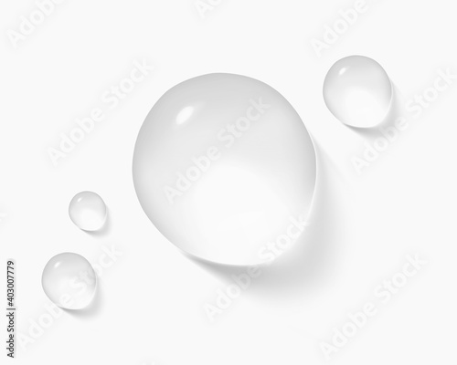 Realistic transparent water drops. Pure cosmetic product sample vector illustration. Moisturizer skincare serum isolated on white photo