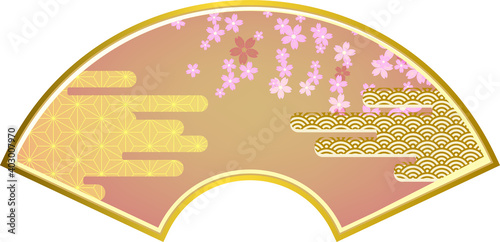 桜と和柄の黄金の末広がり(扇子)のデザイン素材