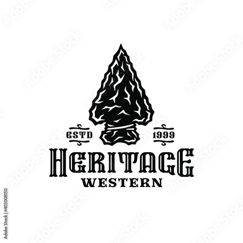 Monochrome wild west label with flint arrowhead in vintage style isolated vector illustration