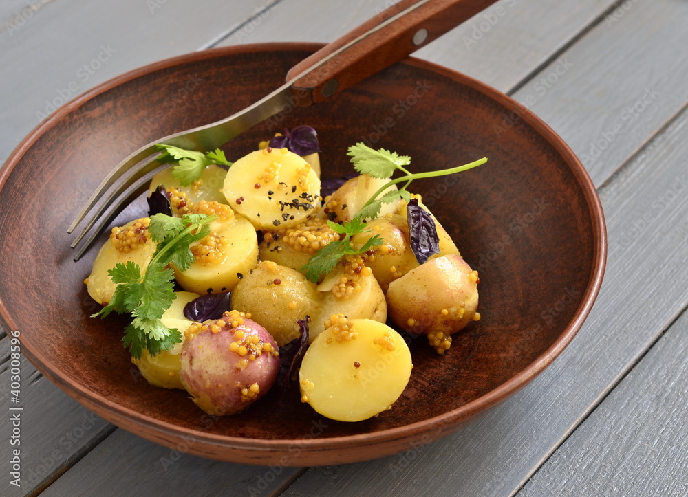 Simple salad with young potatoes with mustard-lime sauce,  copy space