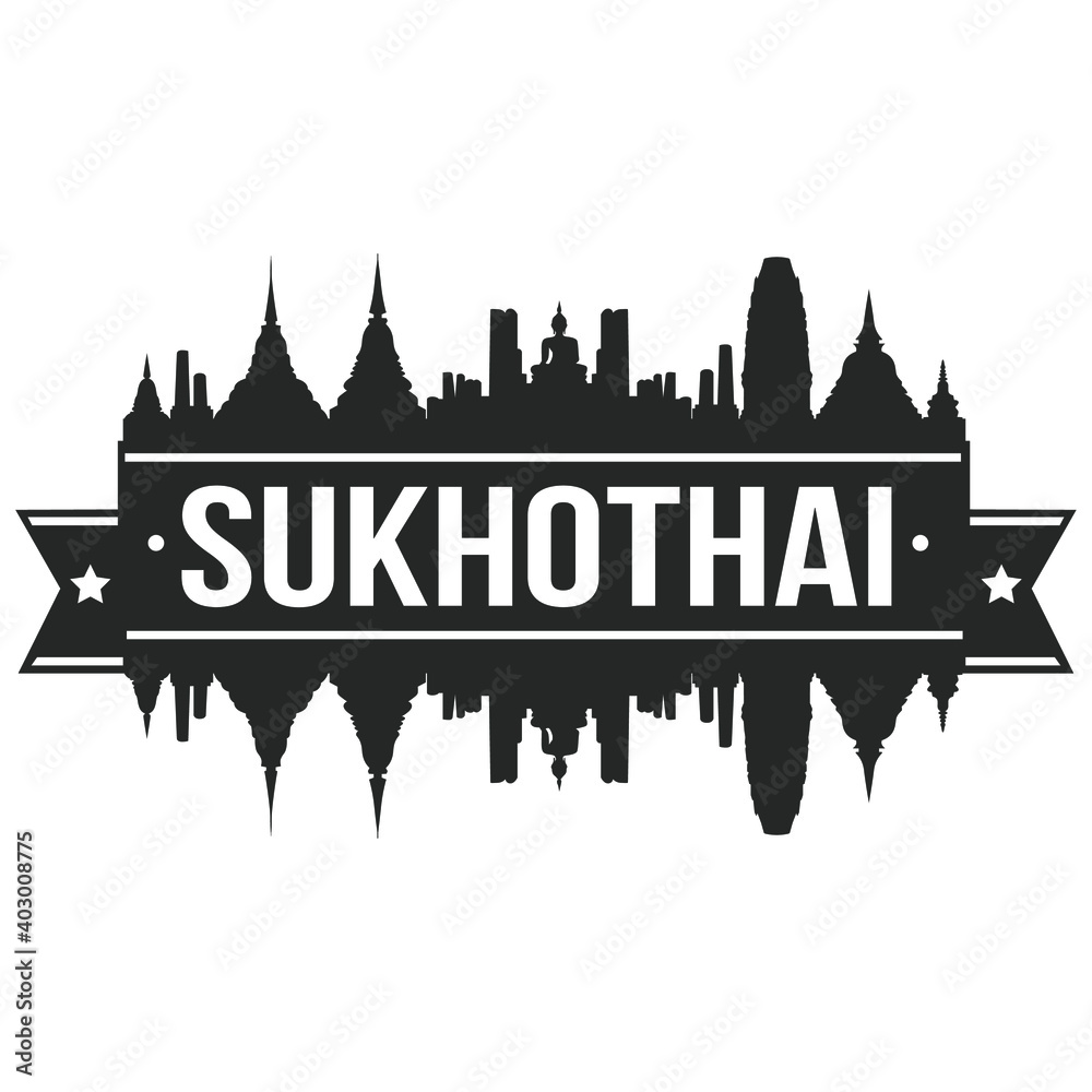 Sukhothai Thailand Thai Skyline Silhouette Design City Vector Art Famous Buildings Stamp.