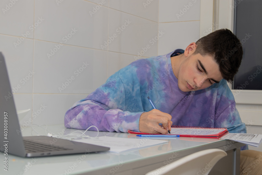 young teenager studying or writing at the desk young teenager studying or writing at the desk