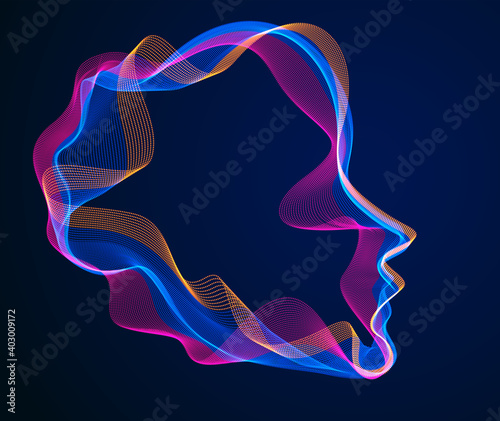 Spirit of digital electronic time, Artificial Intelligence vector illustration of human head made of dotted particles wave lines, particle flow, technological soul of machine.