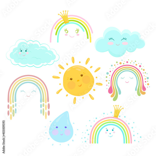 Collection with sun, clouds, rainbows, water drop. Cute cartoon characters set.