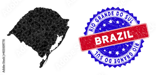 Rio Grande do Sul State map polygonal mesh with filled triangles, and distress bicolor stamp imitation. Triangle mosaic Rio Grande do Sul State map with mesh vector model,