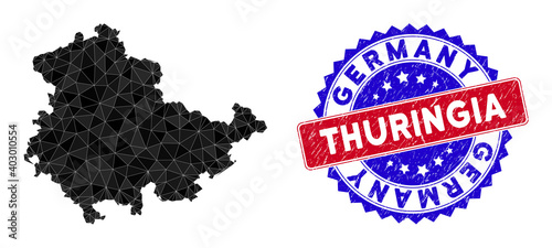 Thuringia Land map polygonal mesh with filled triangles, and scratched bicolor stamp seal. Triangle mosaic Thuringia Land map with mesh vector model, triangles have randomized sizes, and positions,