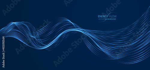 Array of particles flowing over dark background, dynamic sound wave. 3d vector illustration. Mesh shining round dots, beautiful relaxing wallpaper illustration.